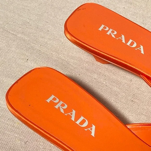 Prada orange satin silk square toe mules logo heels with box size 41 - Picture 5 of 13